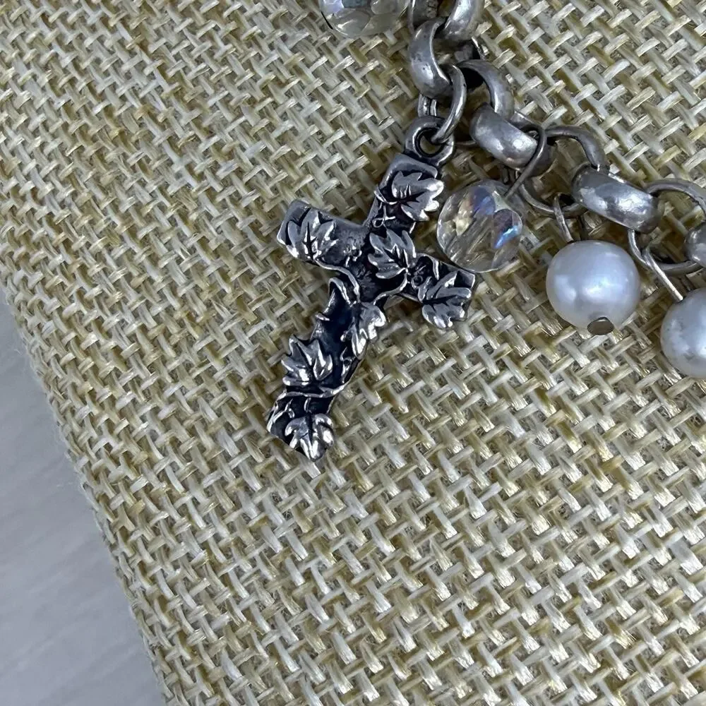 Vintage 925 Religious 5 Cross Charm Bracelet Sterling Silver Christian